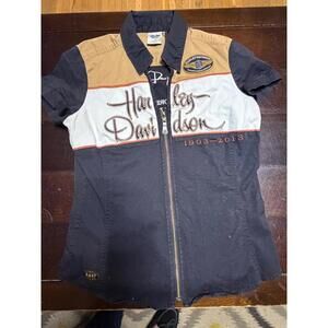 Womens Collared Harley Davidson 110th Anniversary Full Zip Short Sleeve Shirt